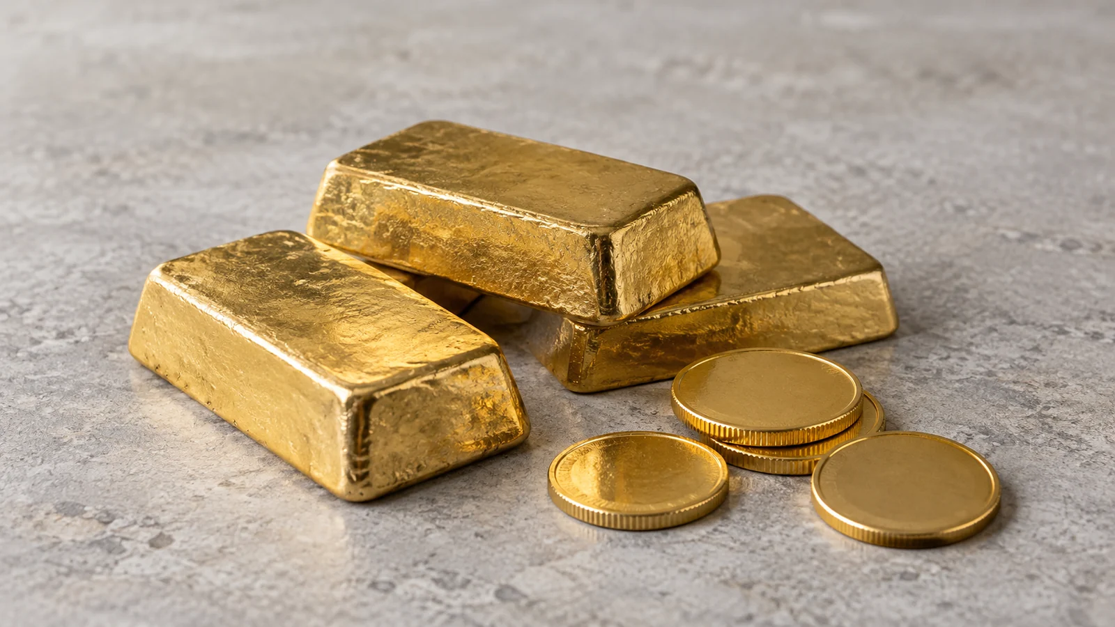 Lingots d’or et pièces sans inscriptions sur une table grise.