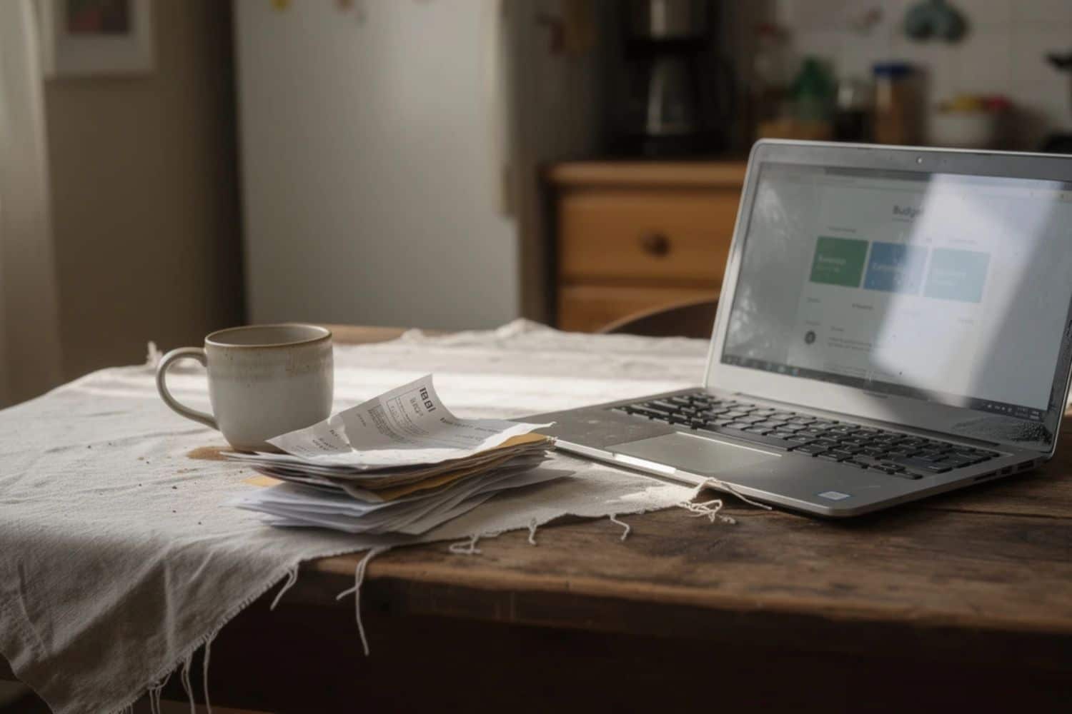 Ordinateur portable et factures sur une table