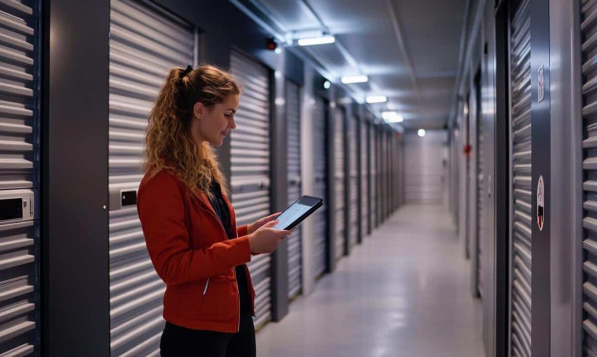 Femme utilisant tablette dans couloir de box