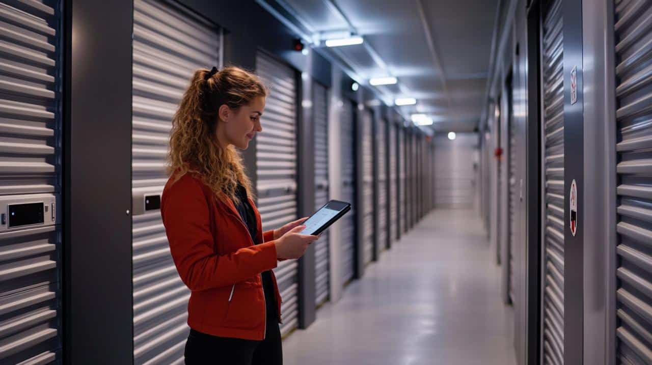 Femme utilisant tablette dans couloir de box