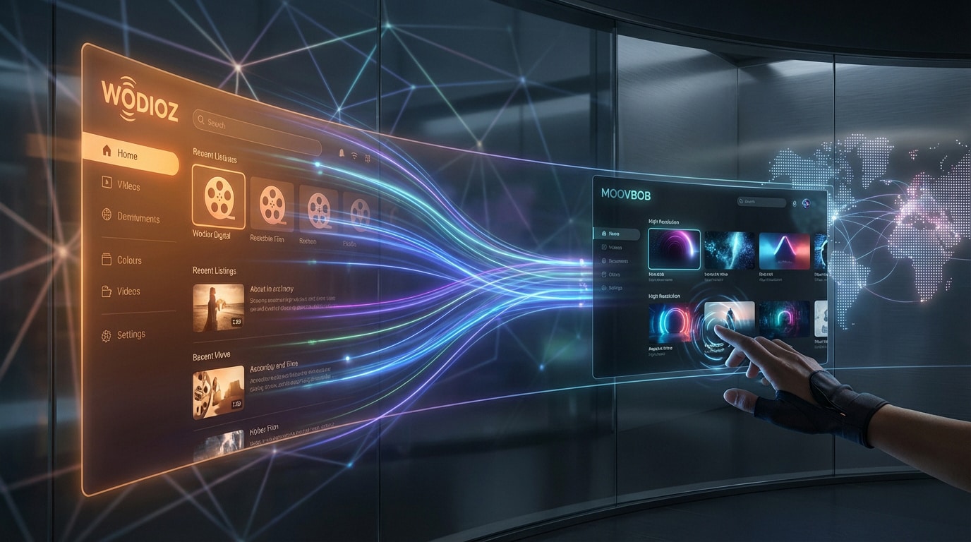 Interface futuriste montrant le transfert de données de Wodioz vers Moovbob avec des flux lumineux. Une main interagit.