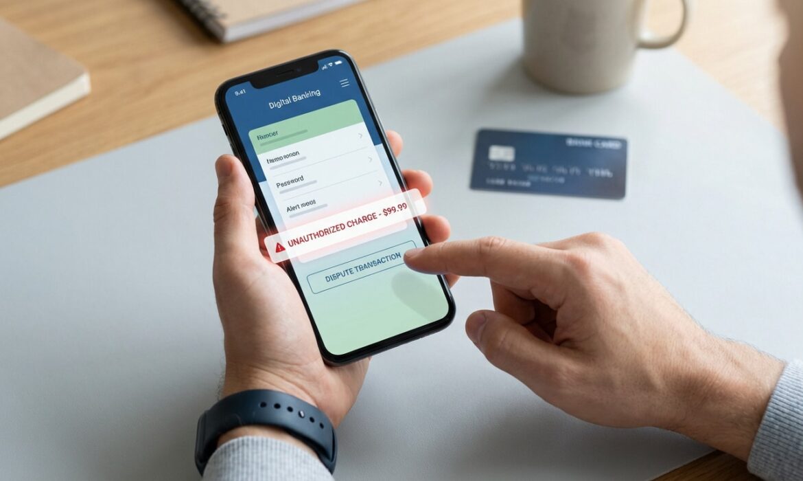 Main tenant un smartphone avec une alerte de transaction bancaire non autorisée de 99,99 $. Le doigt s'apprête à contester le paiement.