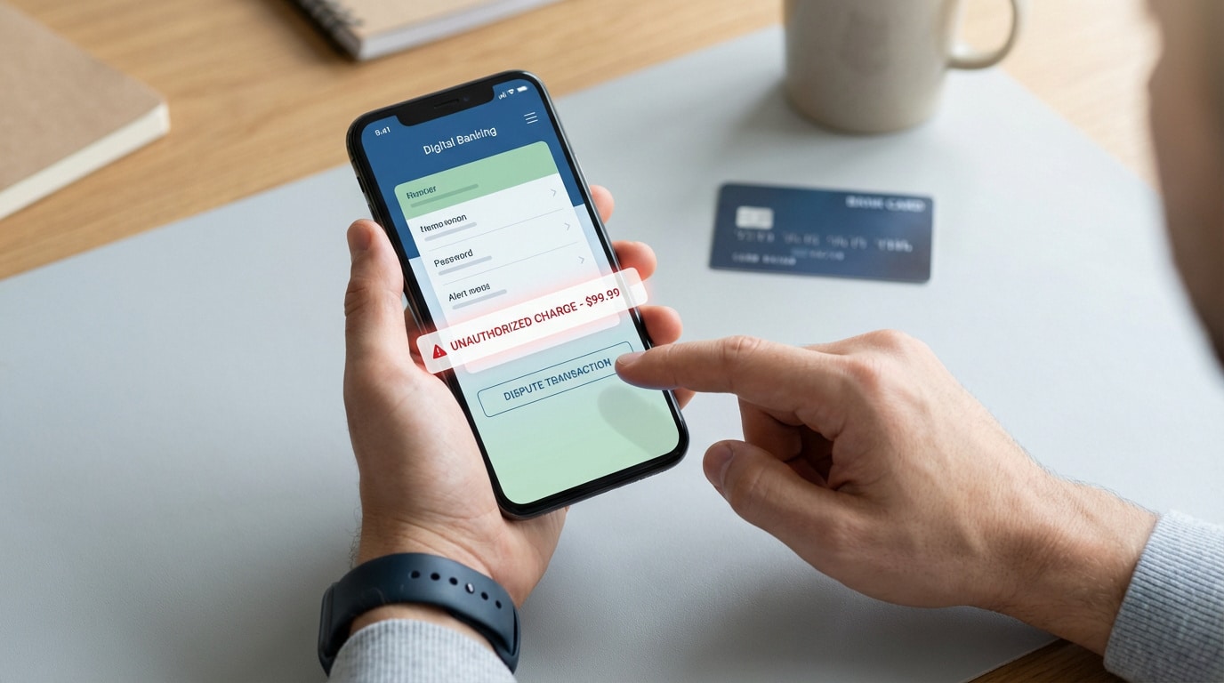 Main tenant un smartphone avec une alerte de transaction bancaire non autorisée de 99,99 $. Le doigt s'apprête à contester le paiement.