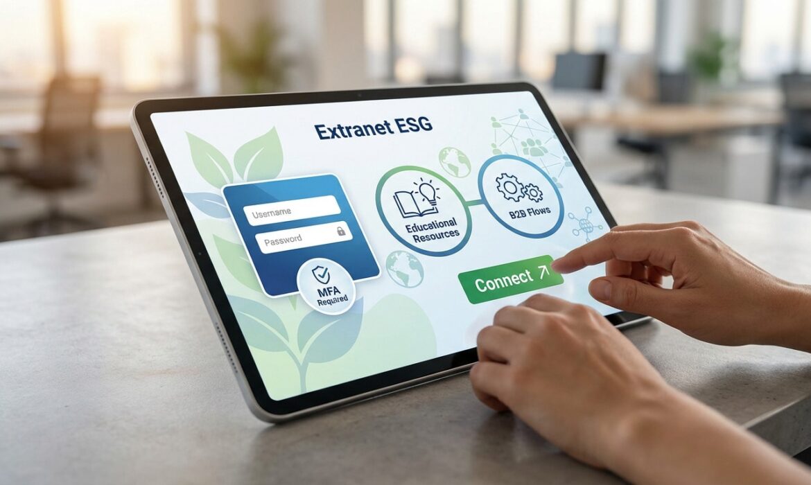 Mains tapant sur une tablette affichant l'interface Extranet ESG avec formulaire de connexion, ressources éducatives et flux B2B.