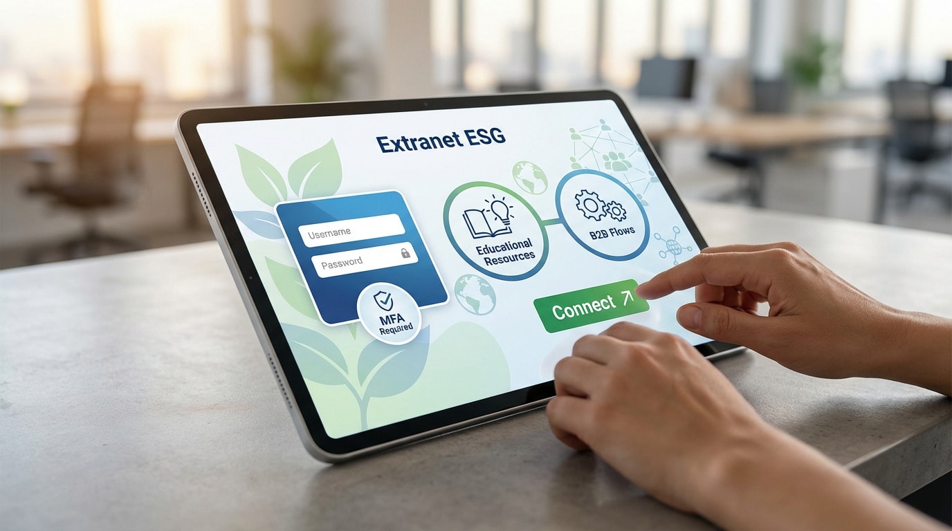 Mains tapant sur une tablette affichant l'interface Extranet ESG avec formulaire de connexion, ressources éducatives et flux B2B.