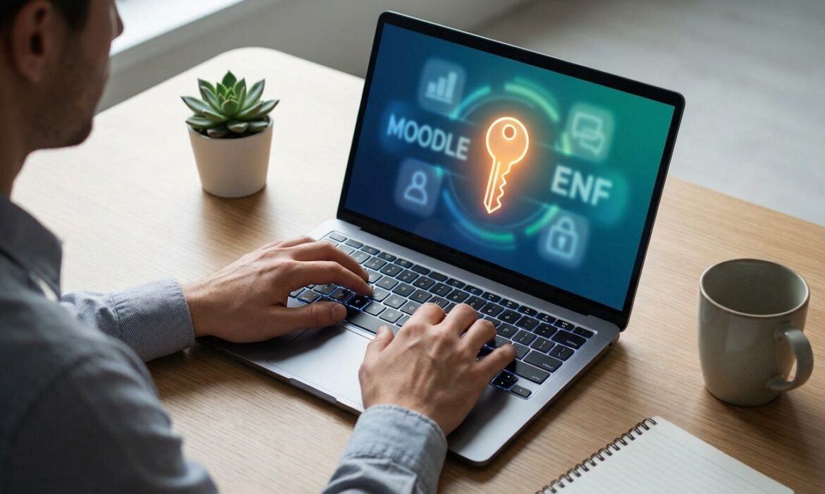 Homme tapant sur un ordinateur portable, l'écran affiche une clé lumineuse, Moodle et ENF pour une connexion sécurisée.