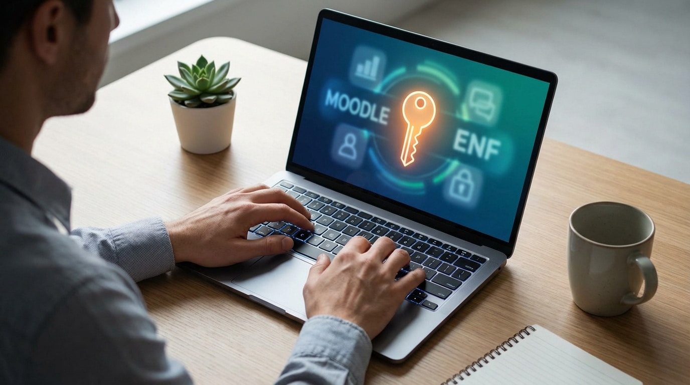 Homme tapant sur un ordinateur portable, l'écran affiche une clé lumineuse, Moodle et ENF pour une connexion sécurisée.