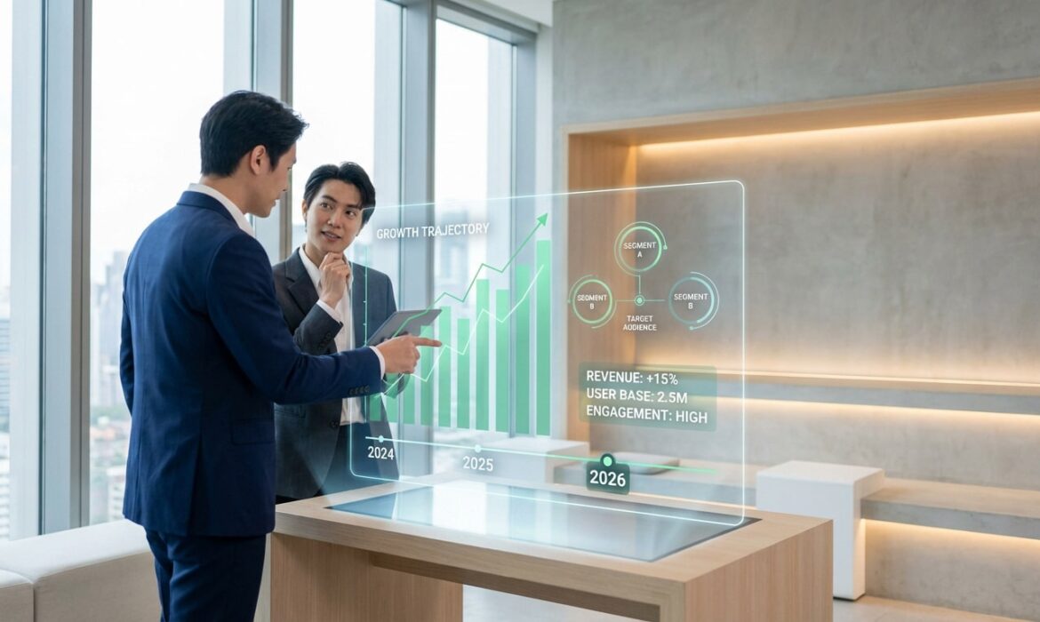Deux hommes d'affaires analysent une projection holographique de croissance et de données marketing dans un bureau moderne.
