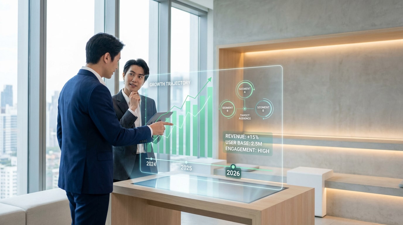 Deux hommes d'affaires analysent une projection holographique de croissance et de données marketing dans un bureau moderne.