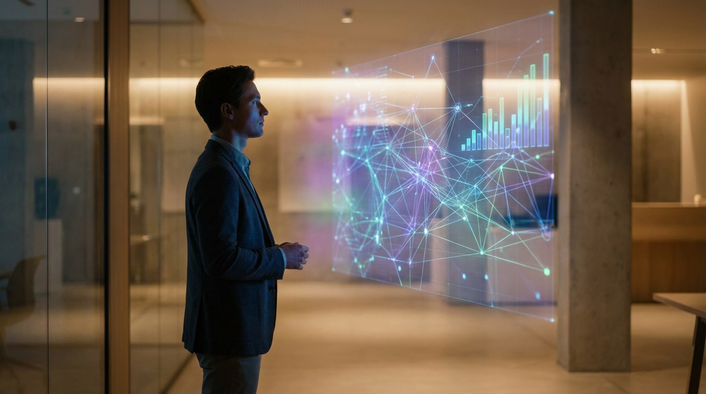 Analyse de données et impact numérique Homme regardant un affichage holographique interactif avec réseau de connexions et graphiques à barres dans un bureau moderne et sombre.