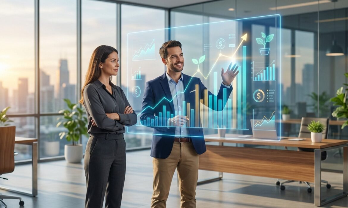 Deux professionnels interagissent avec un écran holographique affichant des graphiques de croissance financière dans un bureau moderne.