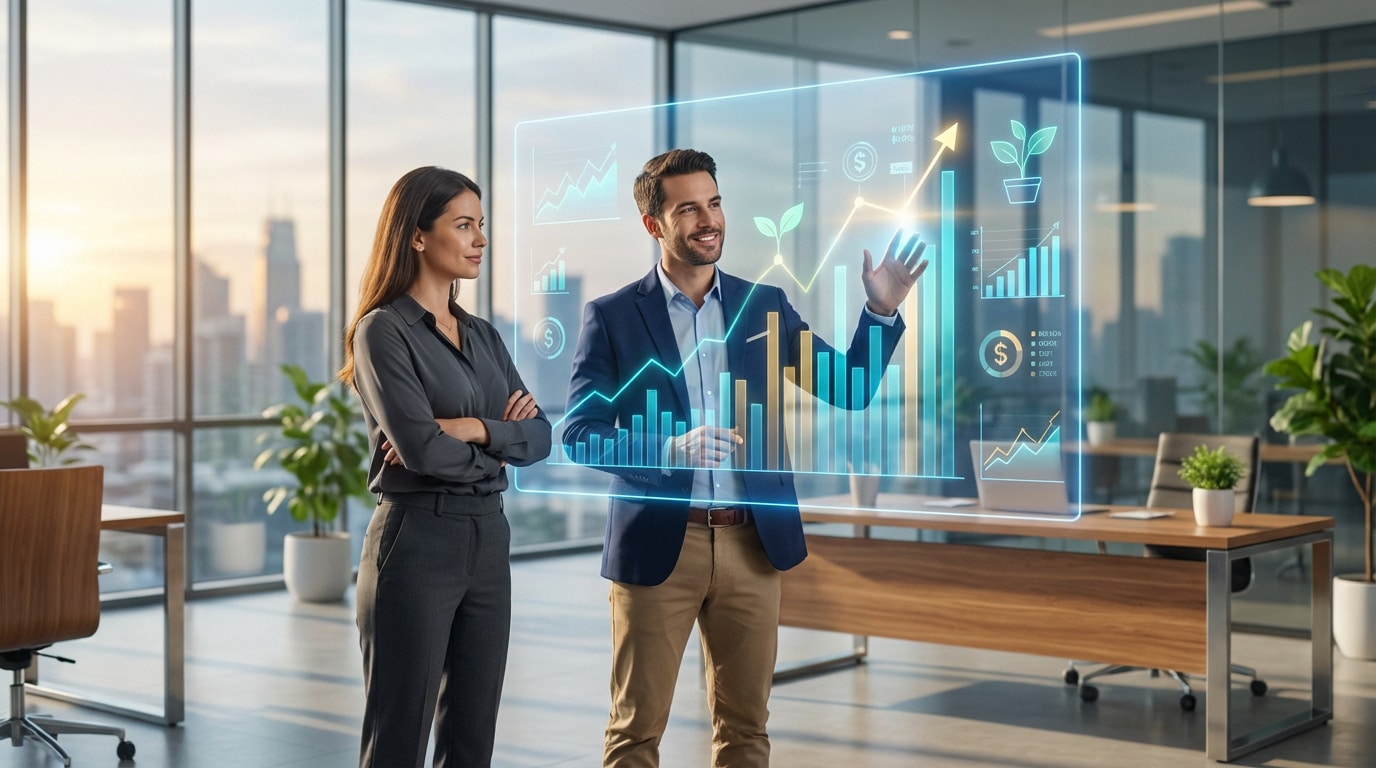 Deux professionnels interagissent avec un écran holographique affichant des graphiques de croissance financière dans un bureau moderne.