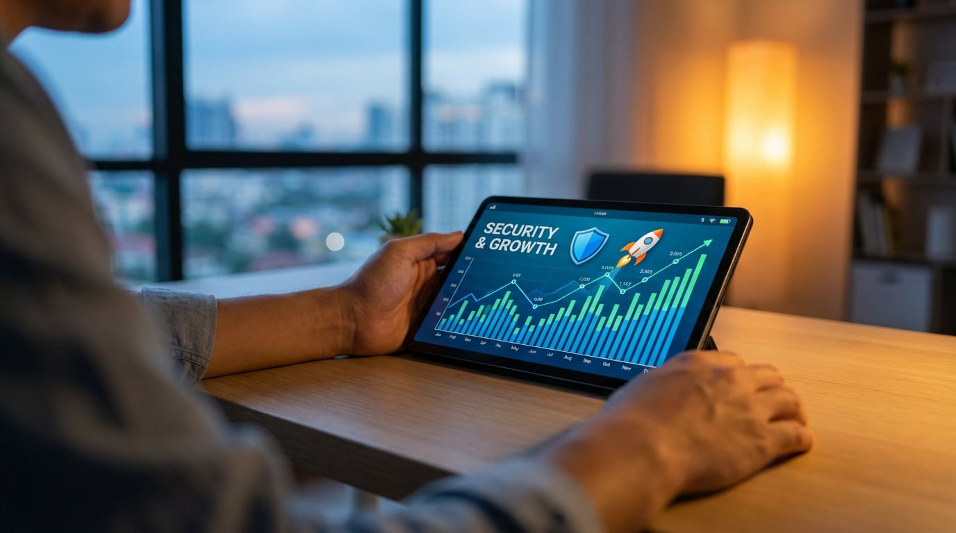 Personne regardant un graphique financier "Sécurité & Croissance" avec bouclier et fusée sur une tablette, gestion de comptes.