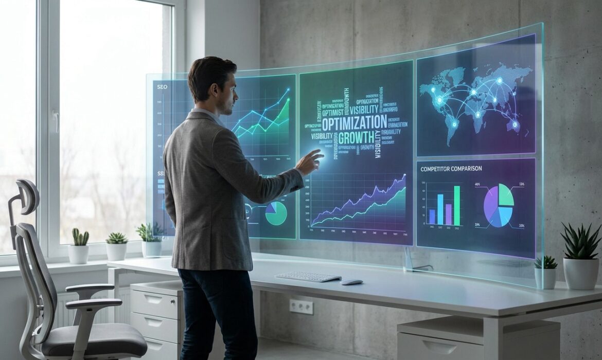 Homme d'affaires interagit avec un grand écran transparent affichant des graphiques SEO, une carte du monde et des données.