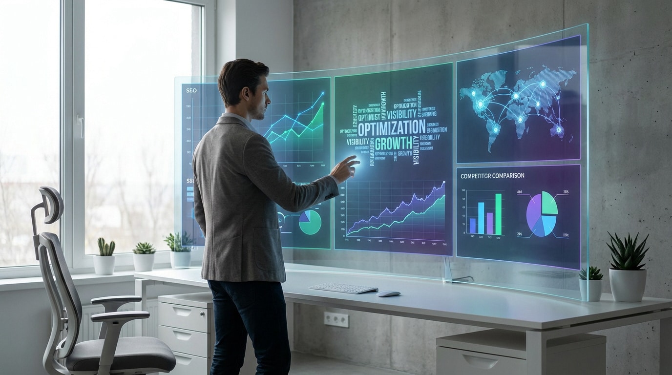 Homme d'affaires interagit avec un grand écran transparent affichant des graphiques SEO, une carte du monde et des données.