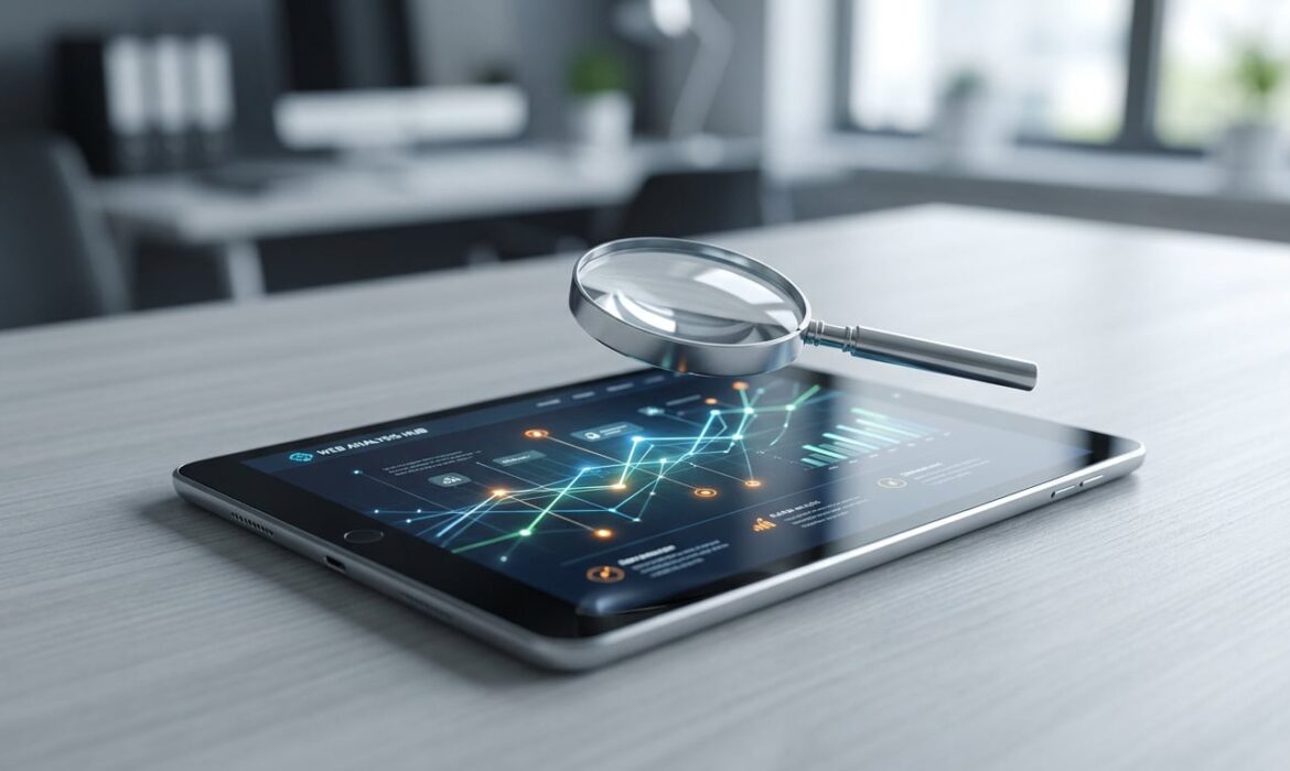 Une loupe posée sur une tablette affichant des graphiques d'analyse de données sur un bureau moderne.
