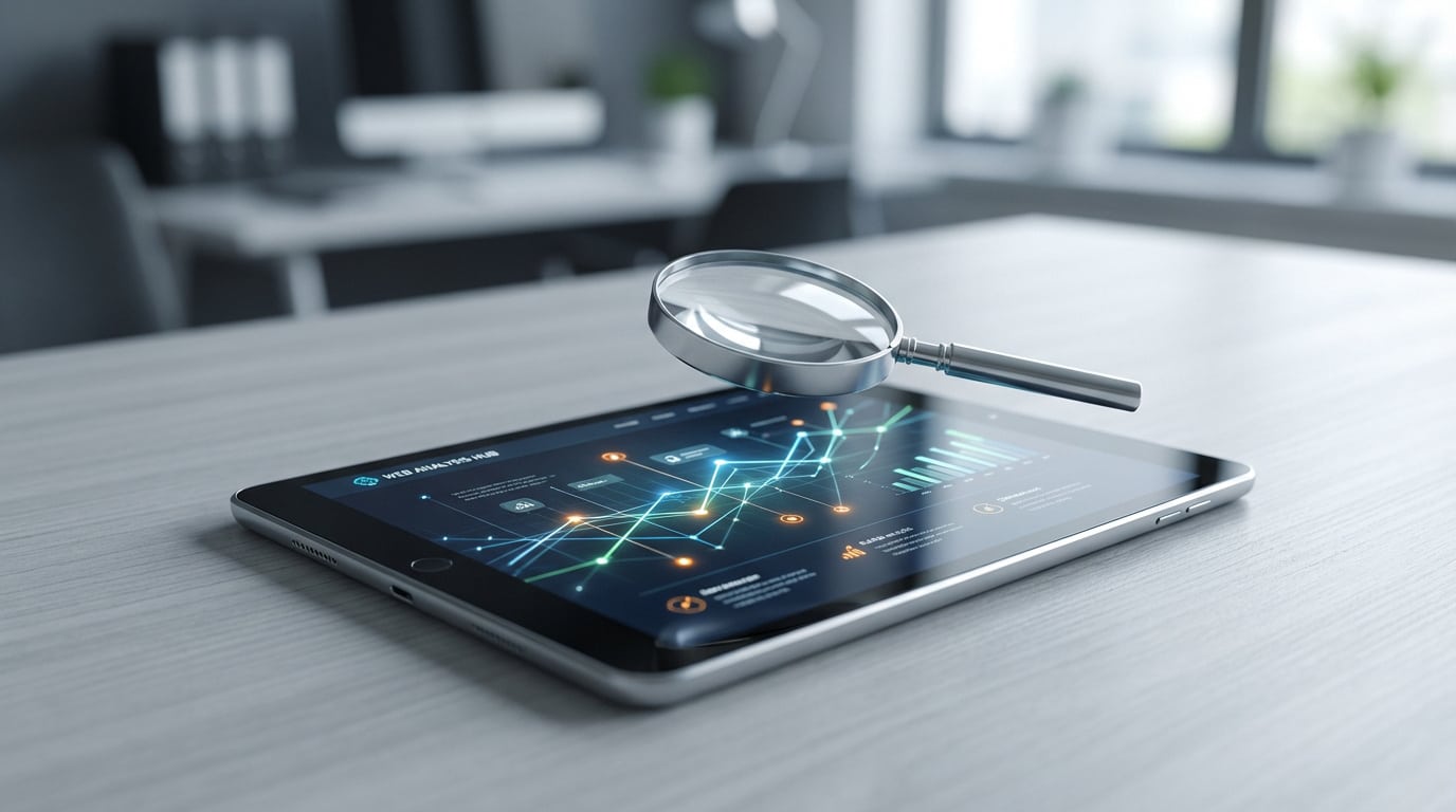 Une loupe posée sur une tablette affichant des graphiques d'analyse de données sur un bureau moderne.