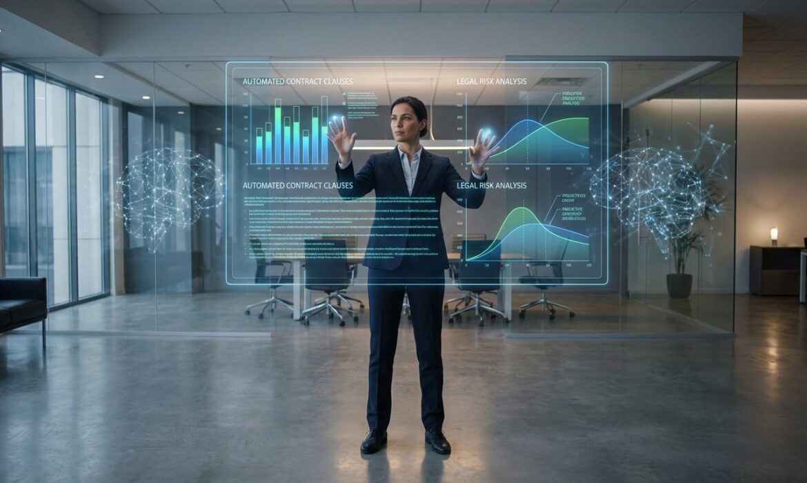 Femme en costume interagissant avec un écran holographique affichant des analyses juridiques, des données et des illustrations de cerveau IA dans un bureau moderne.