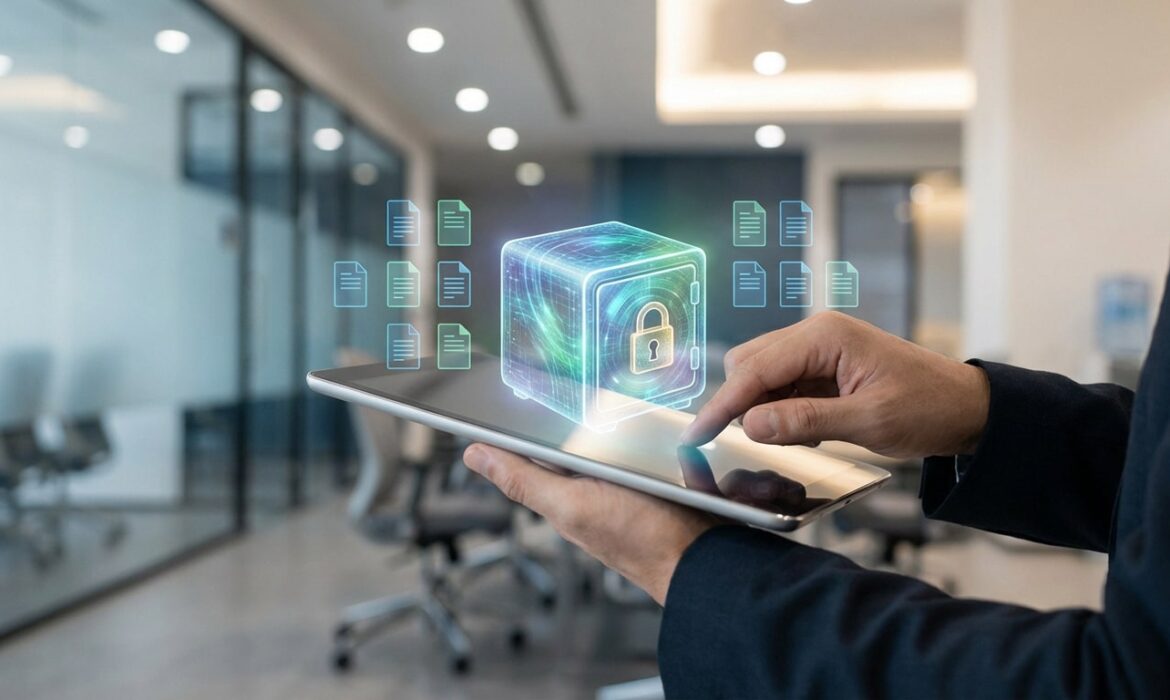 Mains d'une personne utilisant une tablette affichant un coffre-fort virtuel sécurisé avec des icônes de documents flottantes. Contexte de bureau moderne.