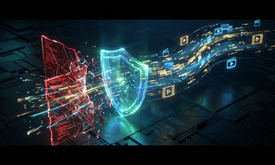 Bouclier numérique vert protégeant des flux de données vidéo d'un mur de code rouge brisé sur fond technologique.