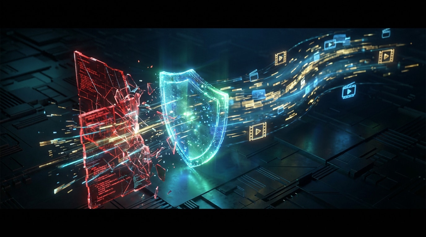 Bouclier numérique vert protégeant des flux de données vidéo d'un mur de code rouge brisé sur fond technologique.