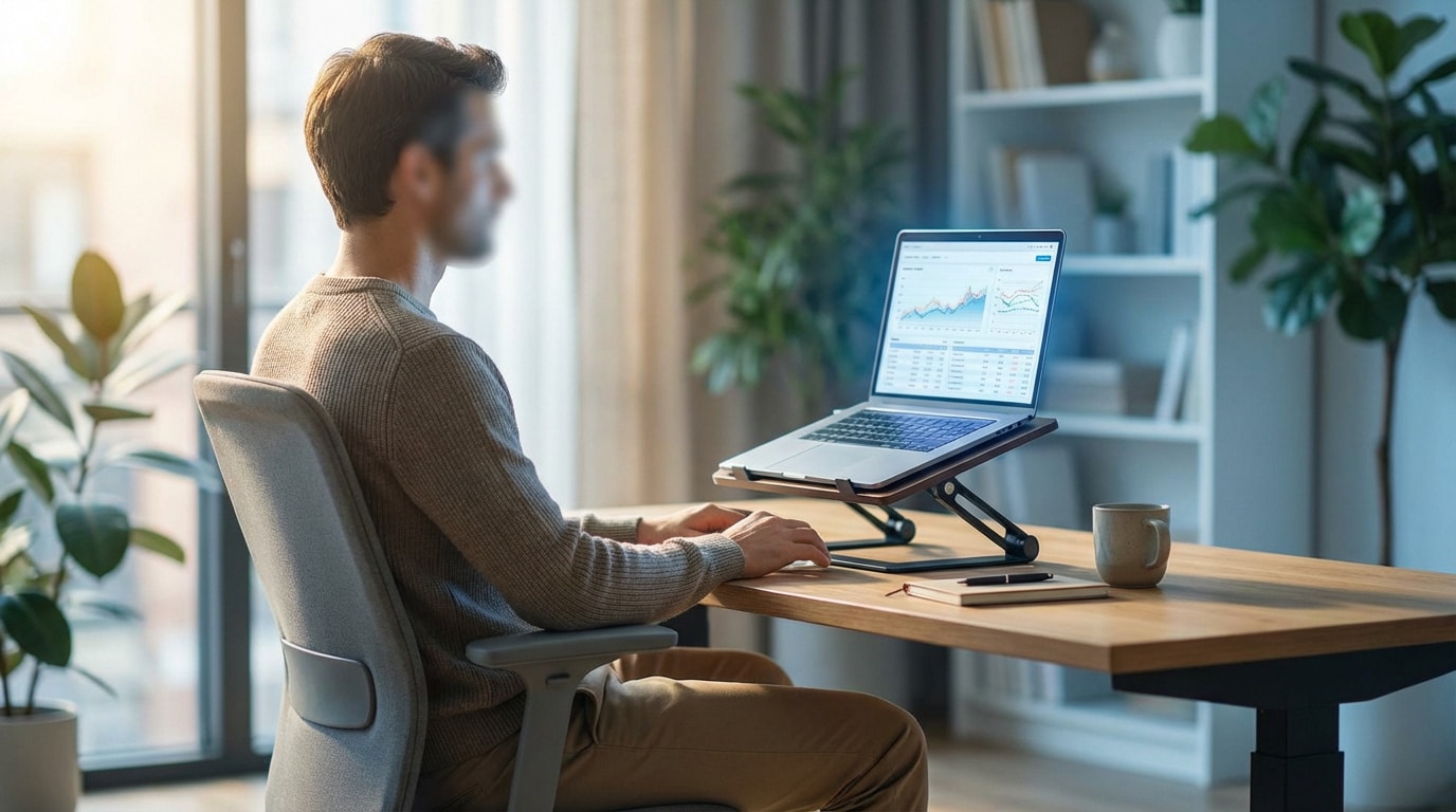 Homme travaillant sur son PC portable sur un support Moovtop réglable, assurant une posture confortable dans un bureau moderne.