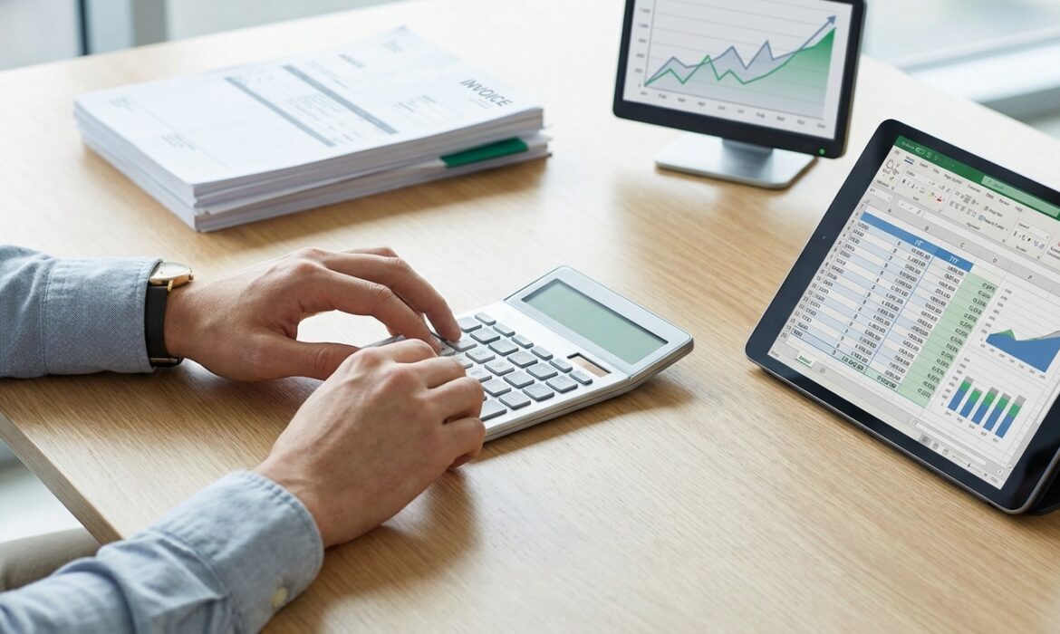 Mains tapant sur une calculatrice. Sur le bureau en bois : une pile de factures, une tablette affichant un tableur Excel et des graphiques, et un moniteur avec une courbe de progression.