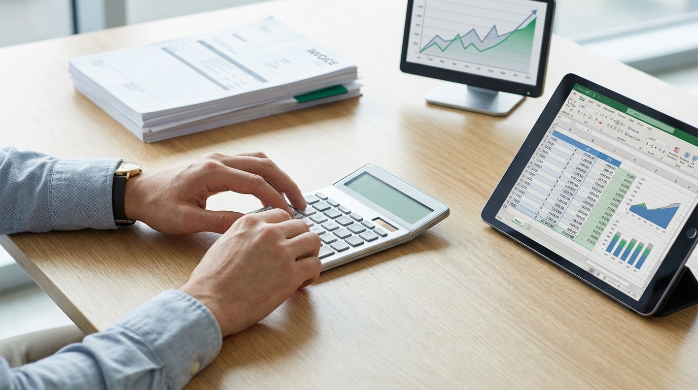 Mains tapant sur une calculatrice. Sur le bureau en bois : une pile de factures, une tablette affichant un tableur Excel et des graphiques, et un moniteur avec une courbe de progression.