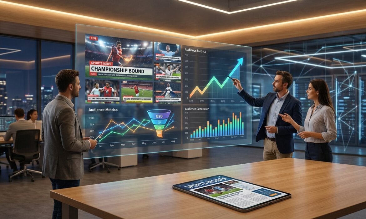 Trois personnes analysent des données sportives et d'audience sur un écran holographique géant dans un bureau moderne.
