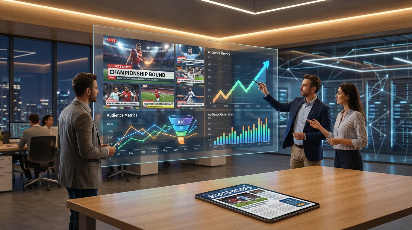 Trois personnes analysent des données sportives et d'audience sur un écran holographique géant dans un bureau moderne.