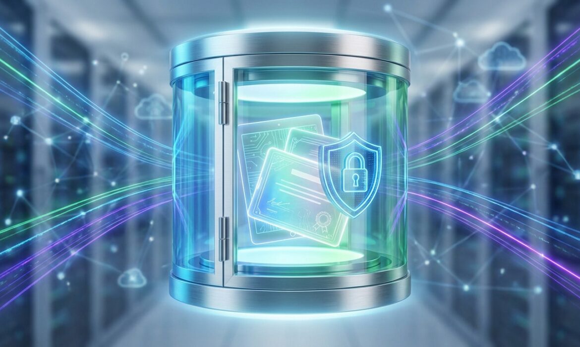 Illustration 3D d'un coffre-fort numérique contenant des documents RH sécurisés par un cadenas, sur fond de data center et de flux de données.