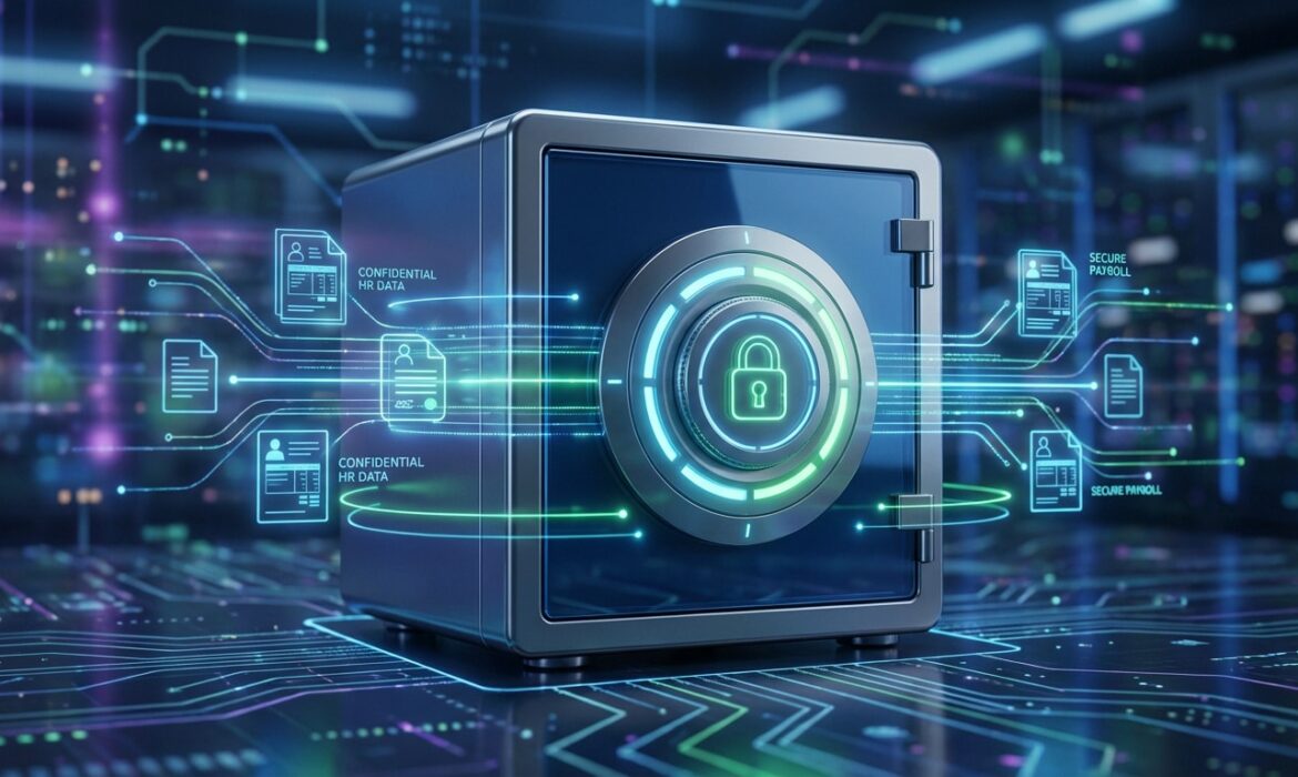 Coffre-fort numérique protégeant des documents RH confidentiels et bulletins de paie sécurisés sur un fond de circuit imprimé lumineux.