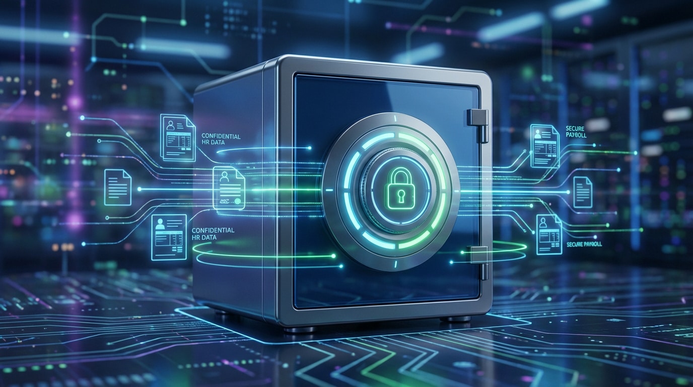 Coffre-fort numérique protégeant des documents RH confidentiels et bulletins de paie sécurisés sur un fond de circuit imprimé lumineux.