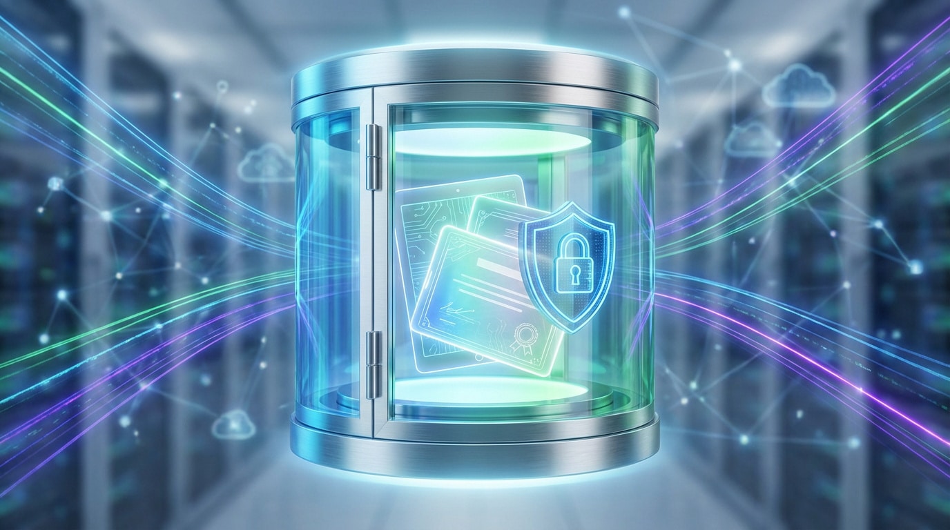 Illustration 3D d'un coffre-fort numérique contenant des documents RH sécurisés par un cadenas, sur fond de data center et de flux de données.