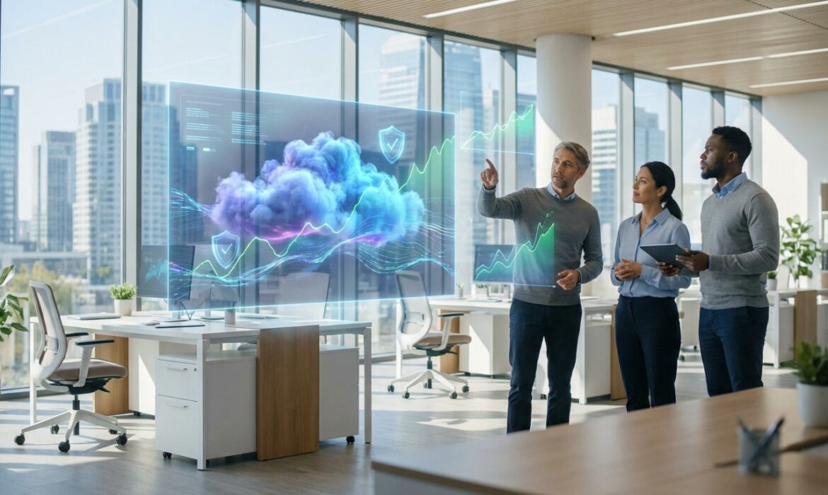 Trois collègues analysent des données cloud et des graphiques de performance sur un écran holographique dans un bureau moderne.