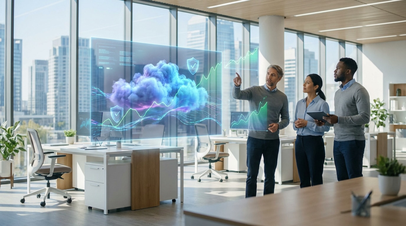 Trois collègues analysent des données cloud et des graphiques de performance sur un écran holographique dans un bureau moderne.