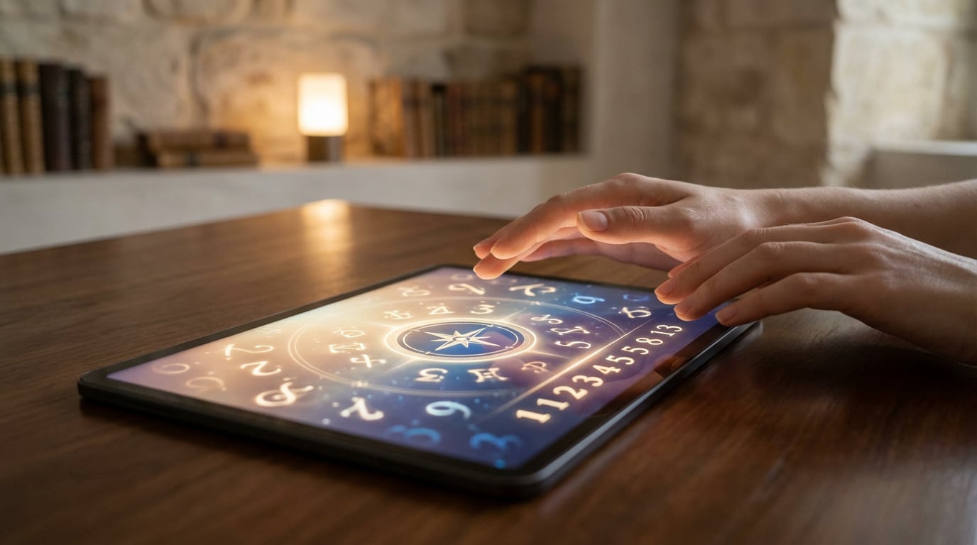 Mains touchant une tablette numérique affichant un cadran de numérologie ou d'astrologie lumineux et des chiffres sur une table en bois.