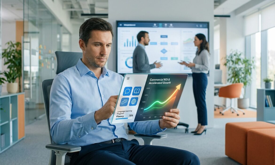 Homme avec tablette transparente montrant progression linguistique et ROI commercial dans un bureau moderne.