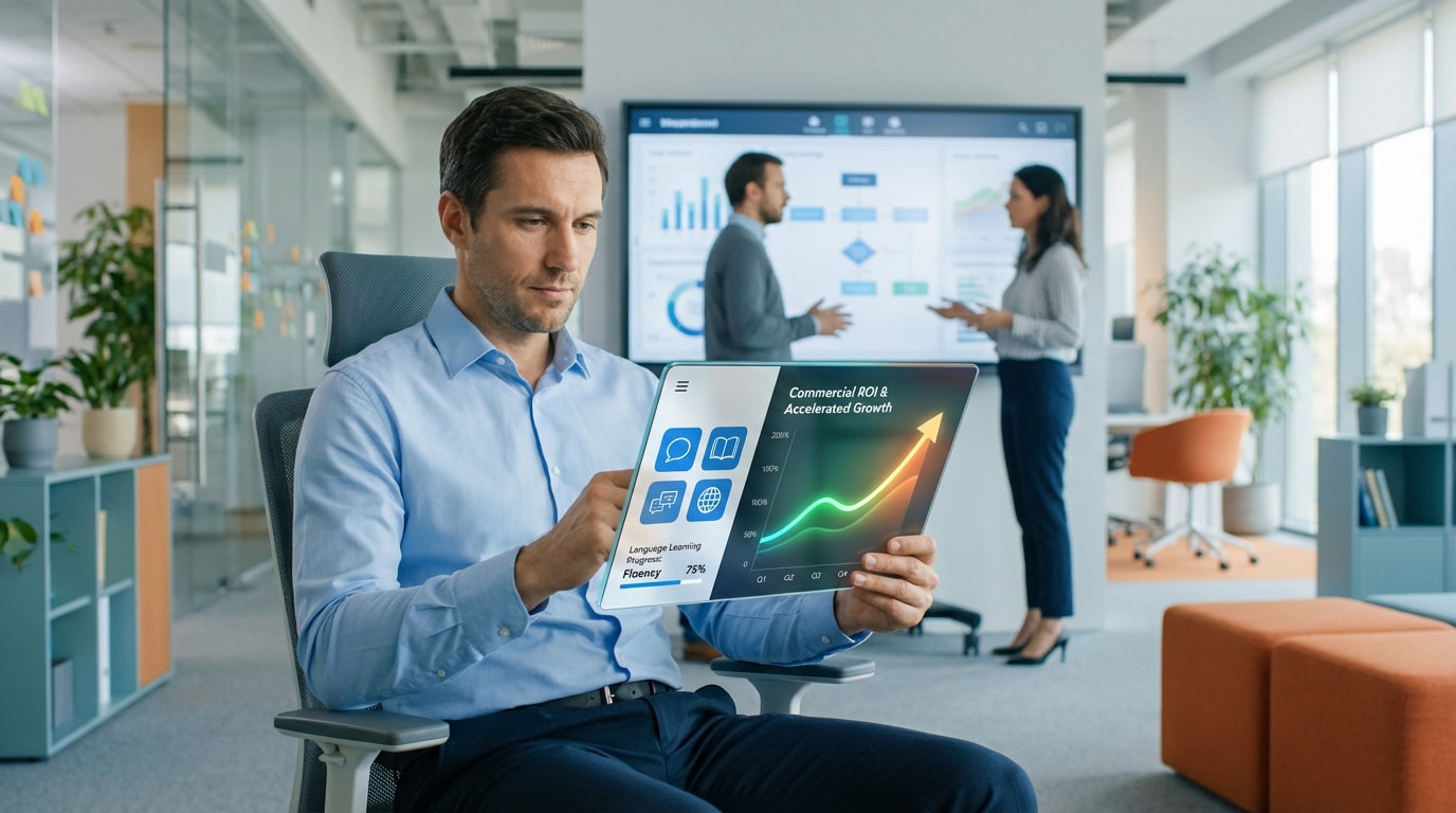 Homme avec tablette transparente montrant progression linguistique et ROI commercial dans un bureau moderne.