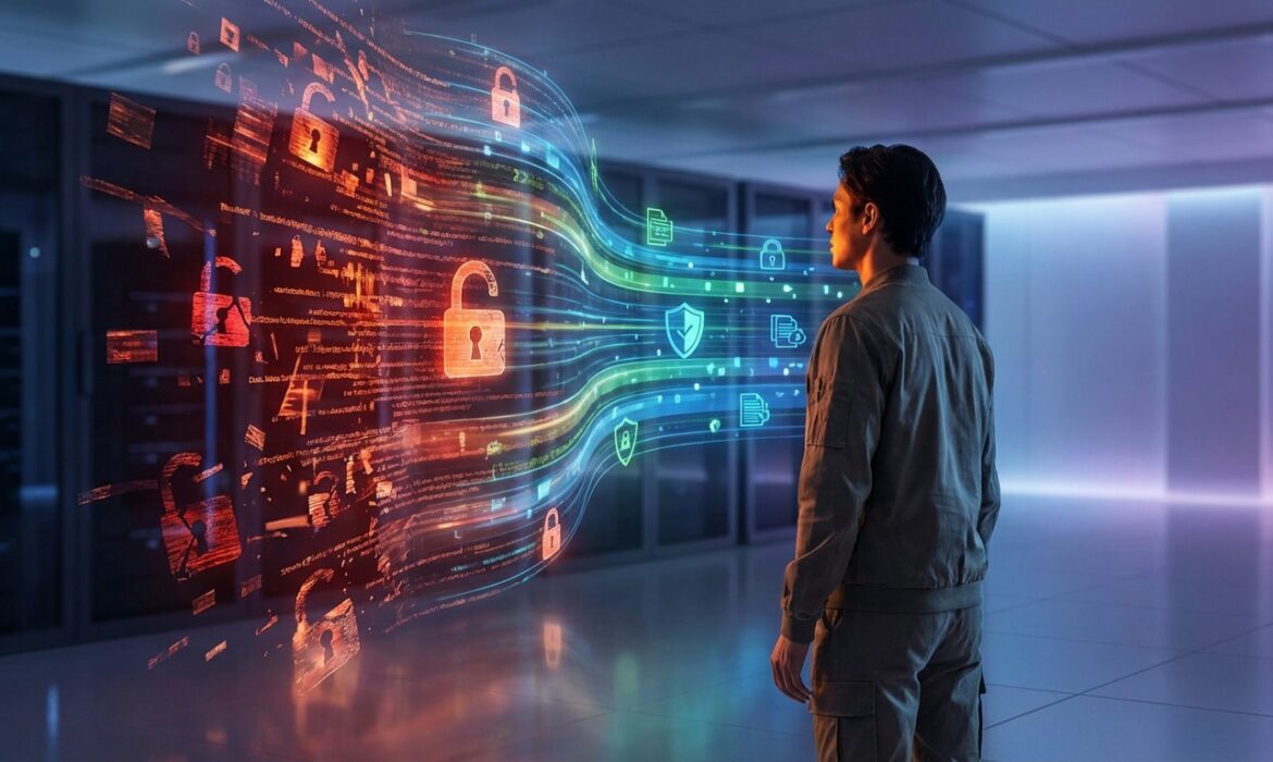 Un homme contemple un flux de données numériques. Des icônes de cadenas ouverts rouges signalent les menaces, tandis que des symboles de boucliers et cadenas fermés verts illustrent la cybersécurité.
