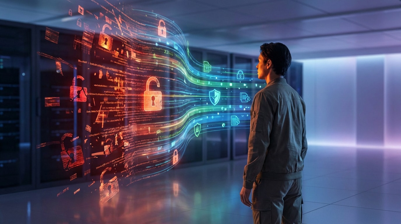 Un homme contemple un flux de données numériques. Des icônes de cadenas ouverts rouges signalent les menaces, tandis que des symboles de boucliers et cadenas fermés verts illustrent la cybersécurité.