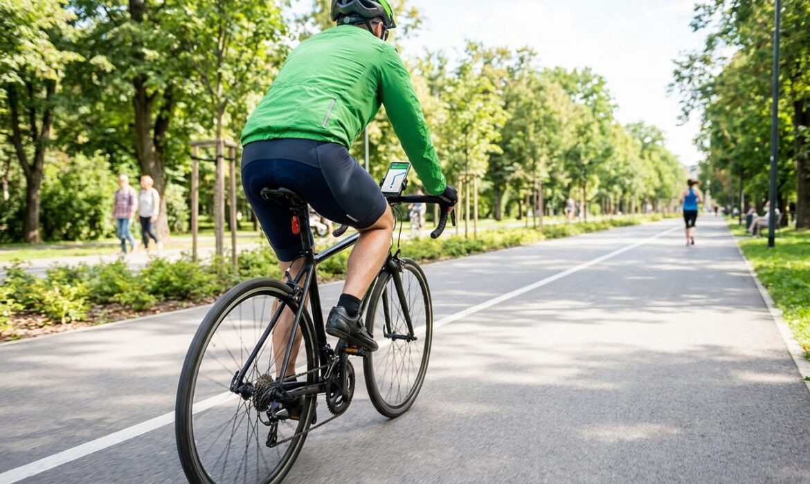 Cycliste équipé d'un casque et d'une veste verte, naviguant avec son smartphone sur une piste bordée d'arbres ensoleillée.