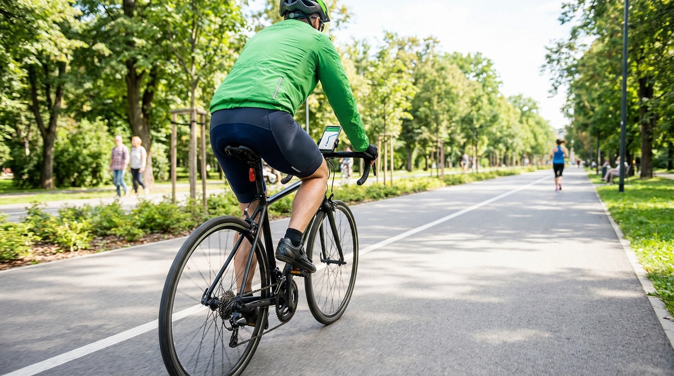 Cycliste équipé d'un casque et d'une veste verte, naviguant avec son smartphone sur une piste bordée d'arbres ensoleillée.