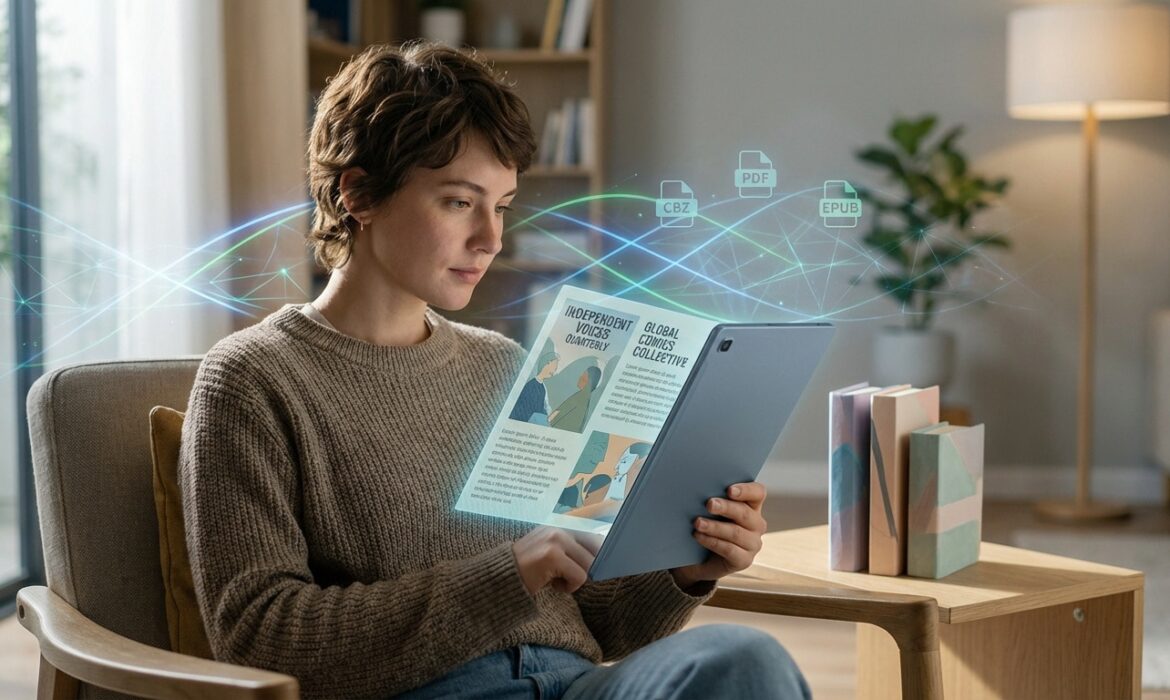 Femme lit un magazine holographique. Icônes CBZ, PDF, EPUB flottent, symbolisant la lecture numérique indépendante et doujins.