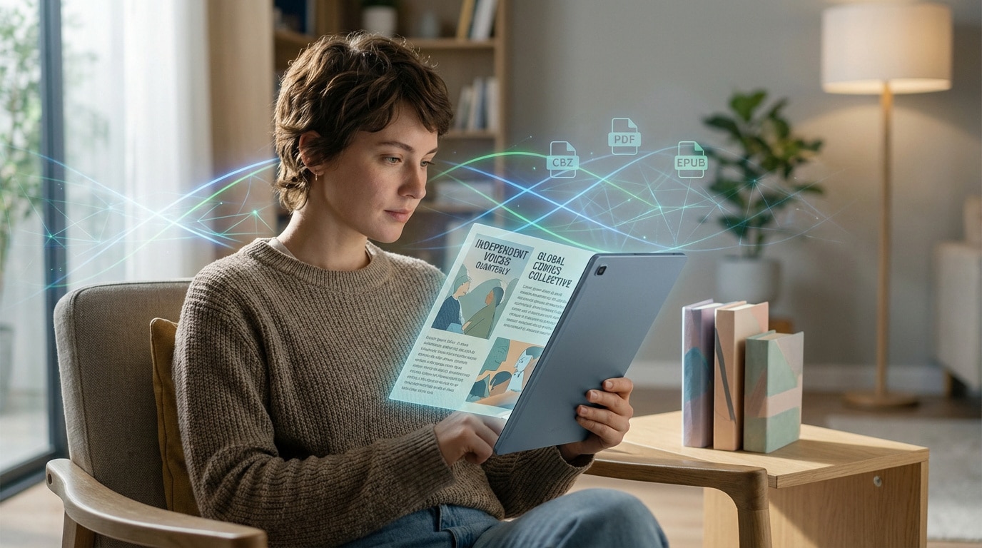 Femme lit un magazine holographique. Icônes CBZ, PDF, EPUB flottent, symbolisant la lecture numérique indépendante et doujins.