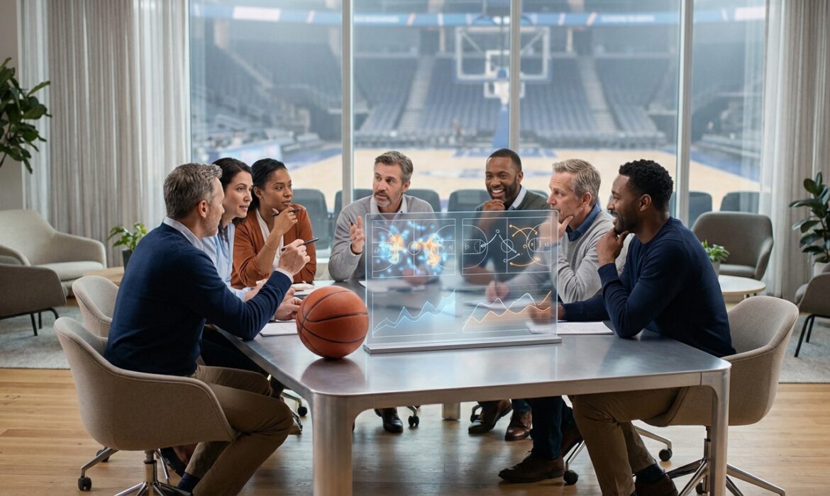 Six professionnels analysent des tactiques de basket sur un écran numérique interactif, un ballon sur la table, avec vue sur une arène vide.
