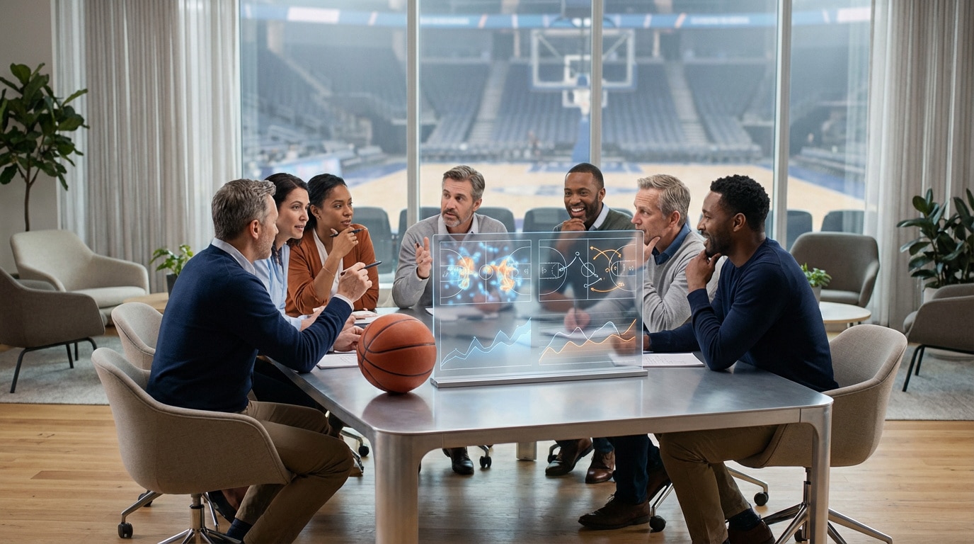 Six professionnels analysent des tactiques de basket sur un écran numérique interactif, un ballon sur la table, avec vue sur une arène vide.
