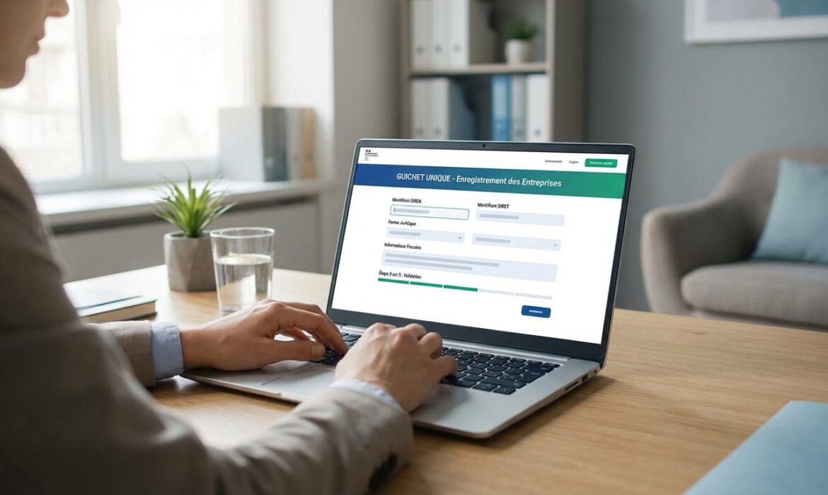 Personne utilisant un ordinateur portable affichant le site Guichet Unique pour l'enregistrement ou la modification d'entreprise, avec champs SIREN et SIRET.