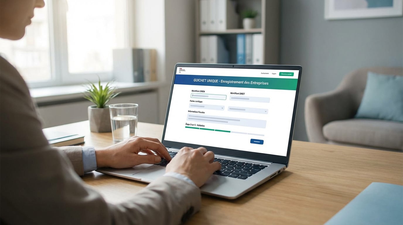 Personne utilisant un ordinateur portable affichant le site Guichet Unique pour l'enregistrement ou la modification d'entreprise, avec champs SIREN et SIRET.