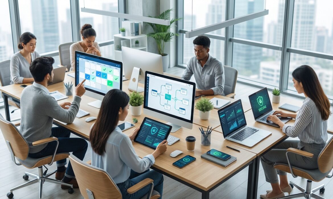 Équipe diversifiée gérant les accès numériques et la cybersécurité sur ordinateurs et tablettes dans un bureau moderne et lumineux.